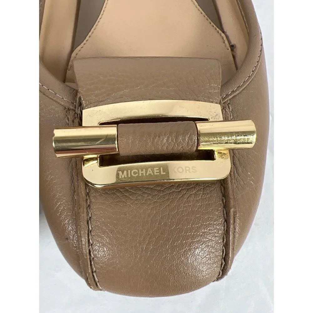 Michael Kors Size 6.5 Tan Balletcore Flats Leather Ballet‎ Gold Buckle Detail